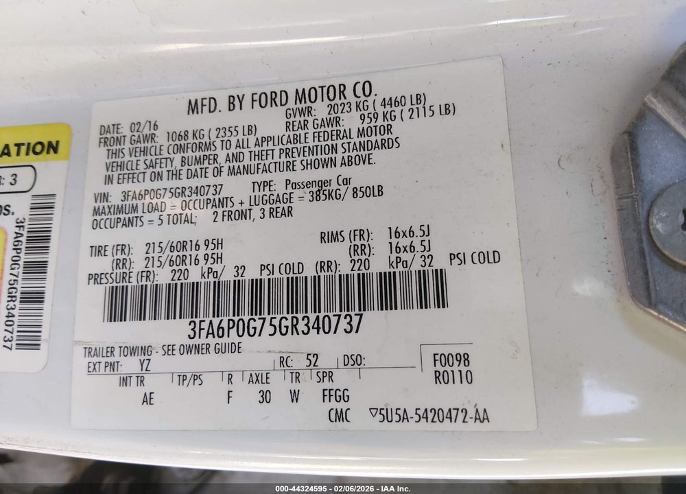 2016 FORD FUSION S VIN: 3FA6P0G75GR340737