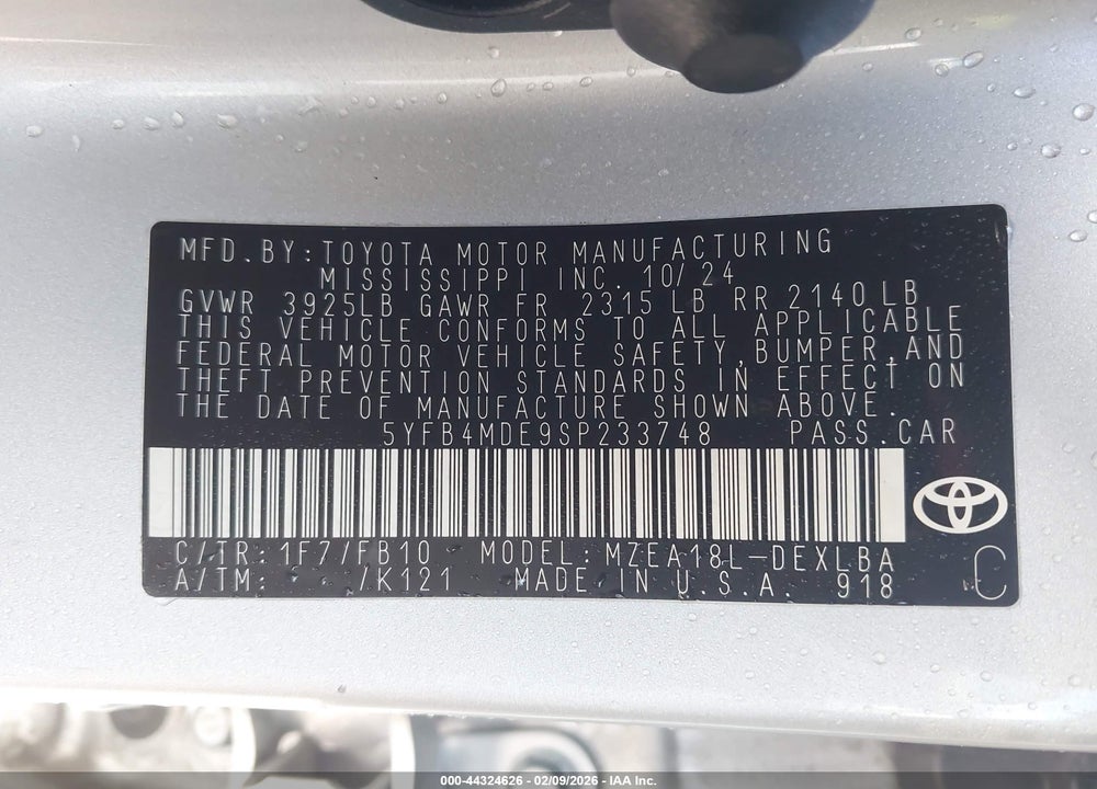 2025 TOYOTA COROLLA LE VIN: 5YFB4MDE9SP233748