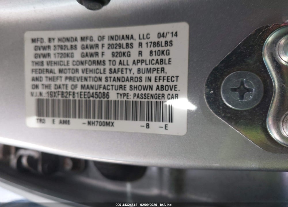 2014 HONDA CIVIC EX VIN: 19XFB2F81EE045086