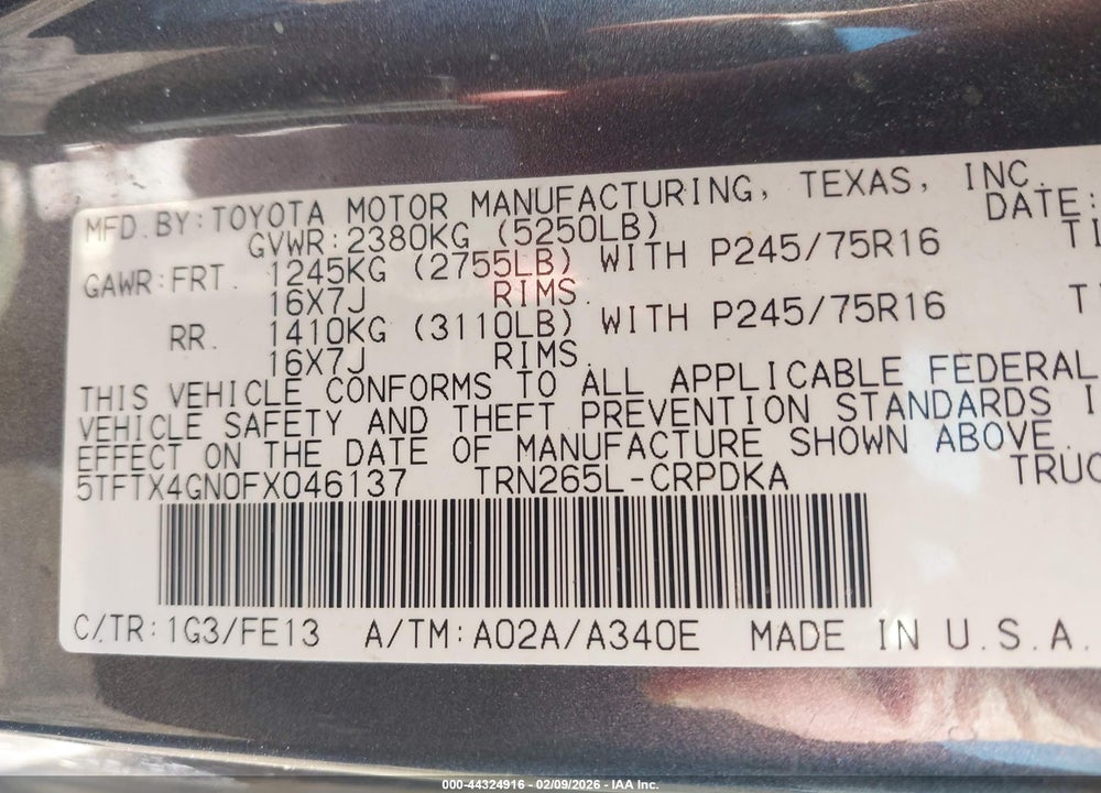 2015 TOYOTA TACOMA PRERUNNER VIN: 5TFTX4GN0FX046137