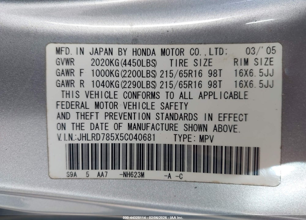 2005 HONDA CR-V LX VIN: JHLRD785X5C040681