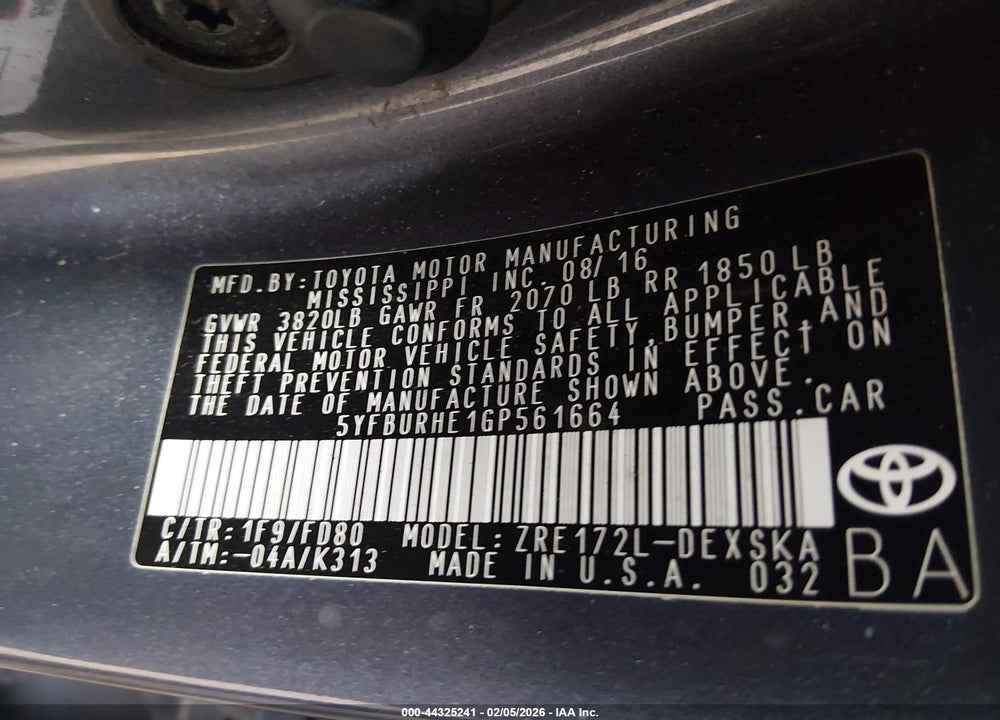 2016 TOYOTA COROLLA S PLUS VIN: 5YFBURHE1GP561664