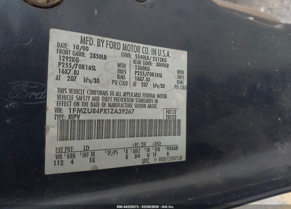 2001 FORD EXPLORER EDDIE BAUER VIN: 1FMZU84PX1ZA39267