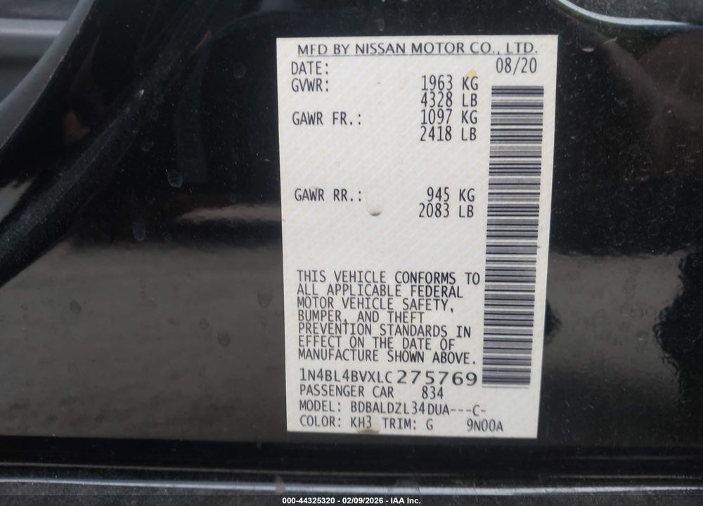 2020 NISSAN ALTIMA S FWD VIN: 1N4BL4BVXLC275769