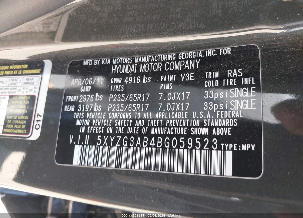 2011 HYUNDAI SANTA FE GLS VIN: 5XYZG3AB4BG059523