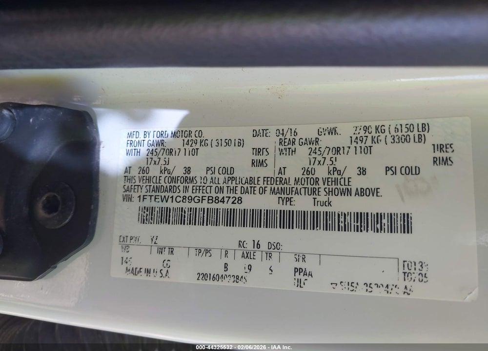 2016 FORD F-150 XL VIN: 1FTEW1C89GFB84728
