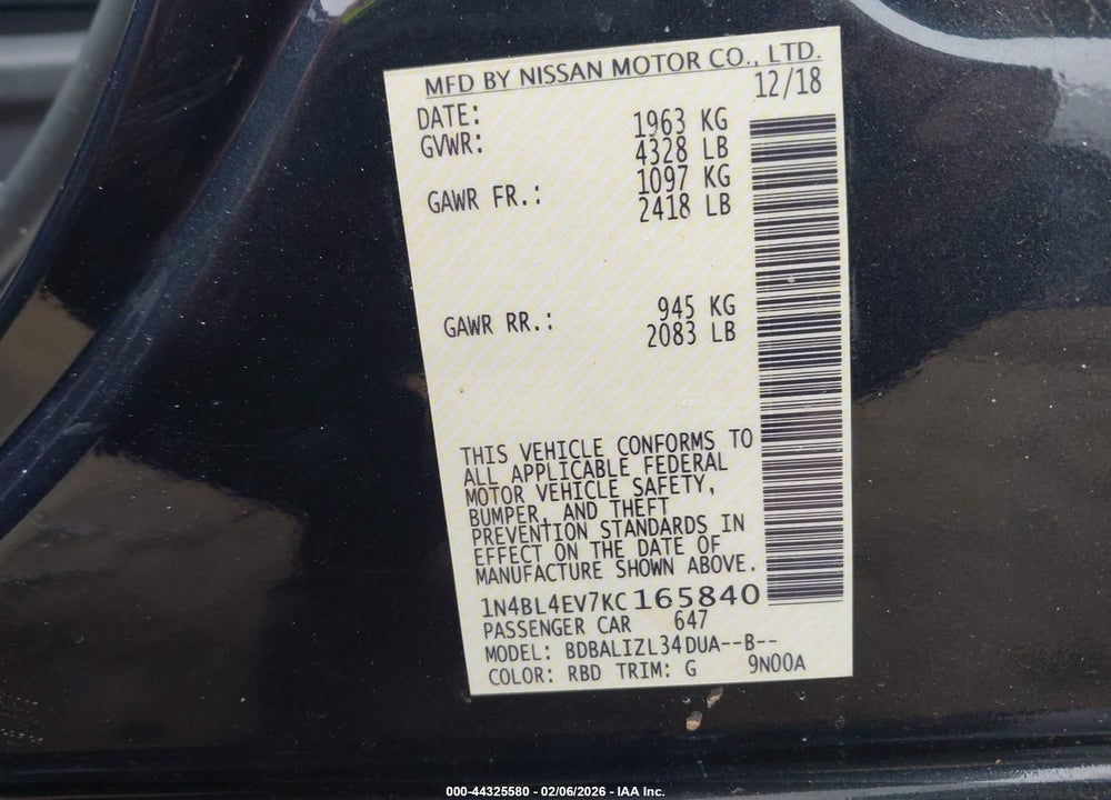 2019 NISSAN ALTIMA 2.5 SL VIN: 1N4BL4EV7KC165840