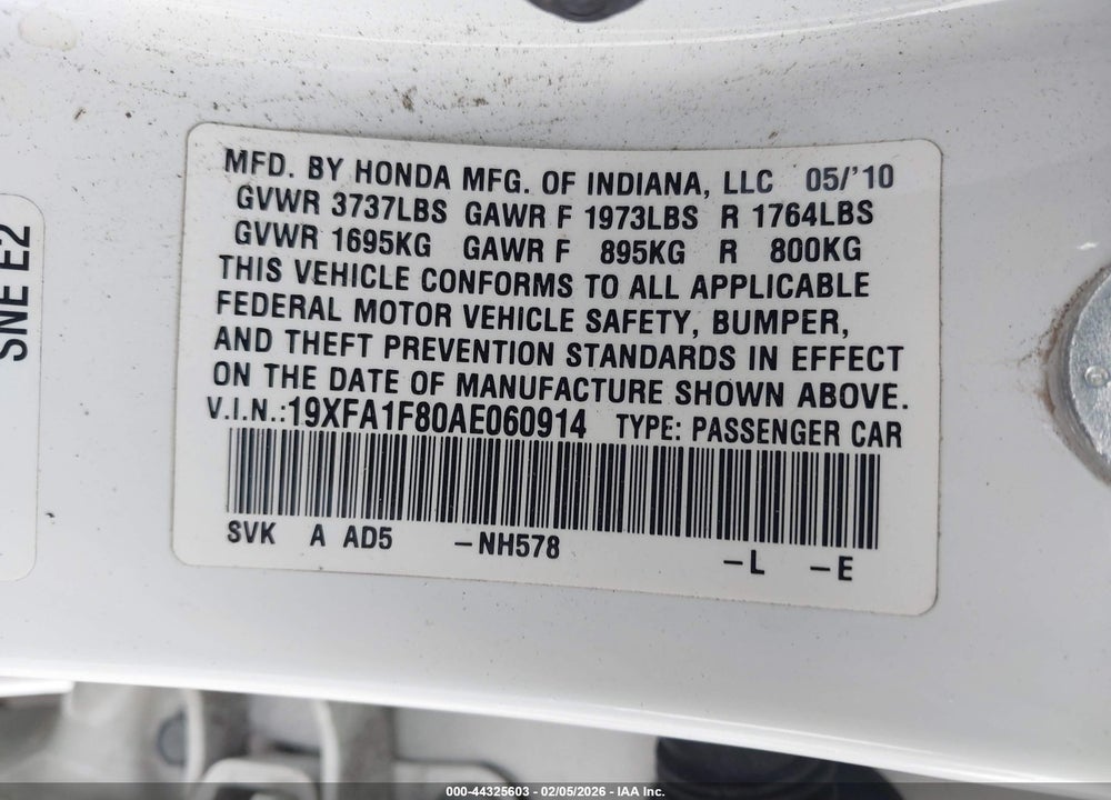 2010 HONDA CIVIC EX VIN: 19XFA1F80AE060914