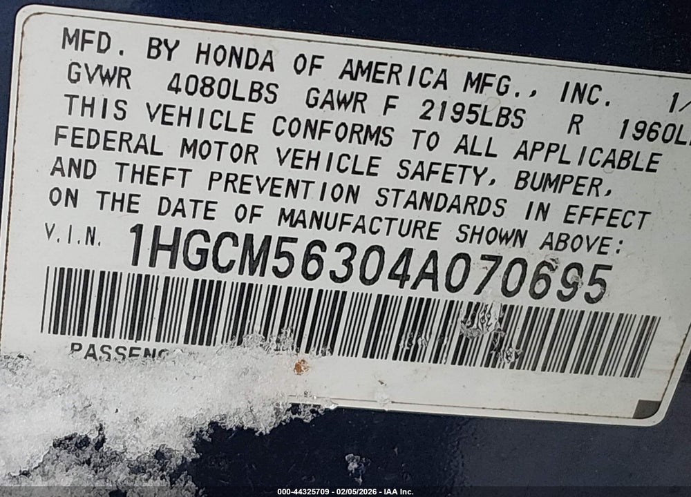 2004 HONDA ACCORD 2.4 LX VIN: 1HGCM56304A070695