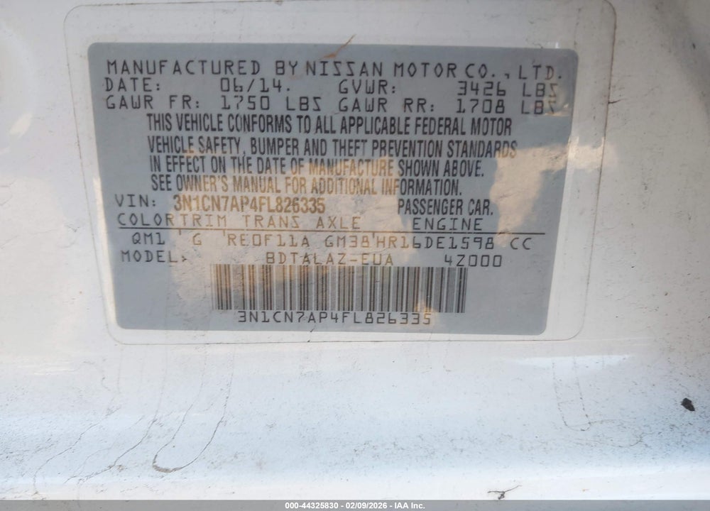 2015 NISSAN VERSA 1.6 S+ VIN: 3N1CN7AP4FL826335