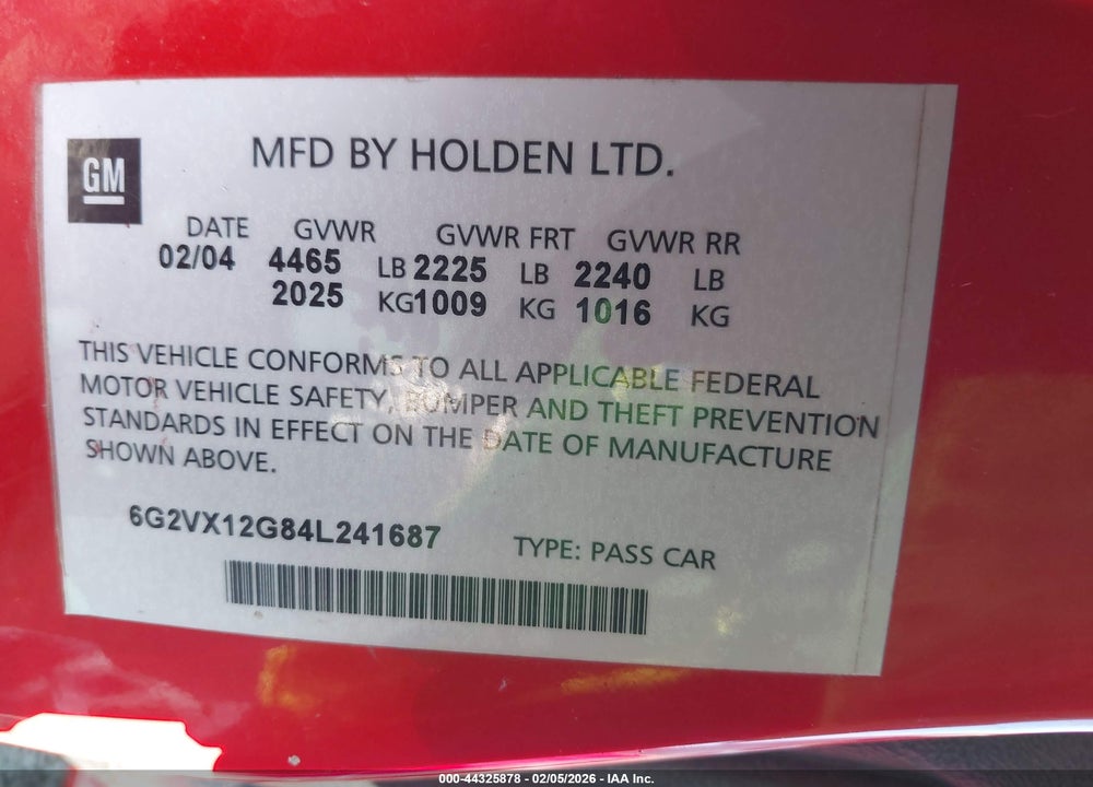 2004 PONTIAC GTO VIN: 6G2VX12G84L241687
