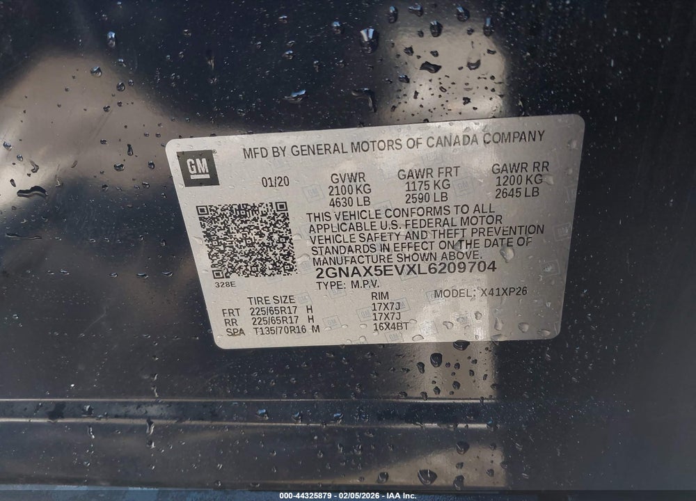 2020 CHEVROLET EQUINOX AWD 1FL VIN: 2GNAX5EVXL6209704