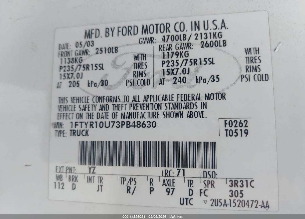 2003 FORD RANGER EDGE/XL/XLT VIN: 1FTYR10U73PB48630