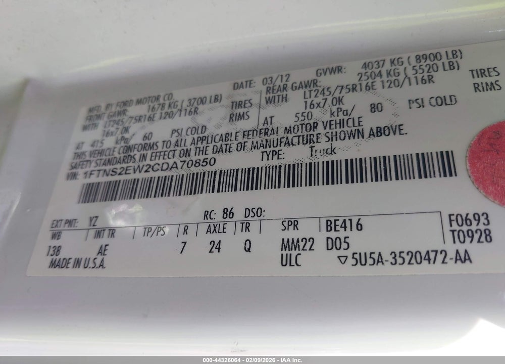 2012 FORD E-250 COMMERCIAL VIN: 1FTNS2EW2CDA70850