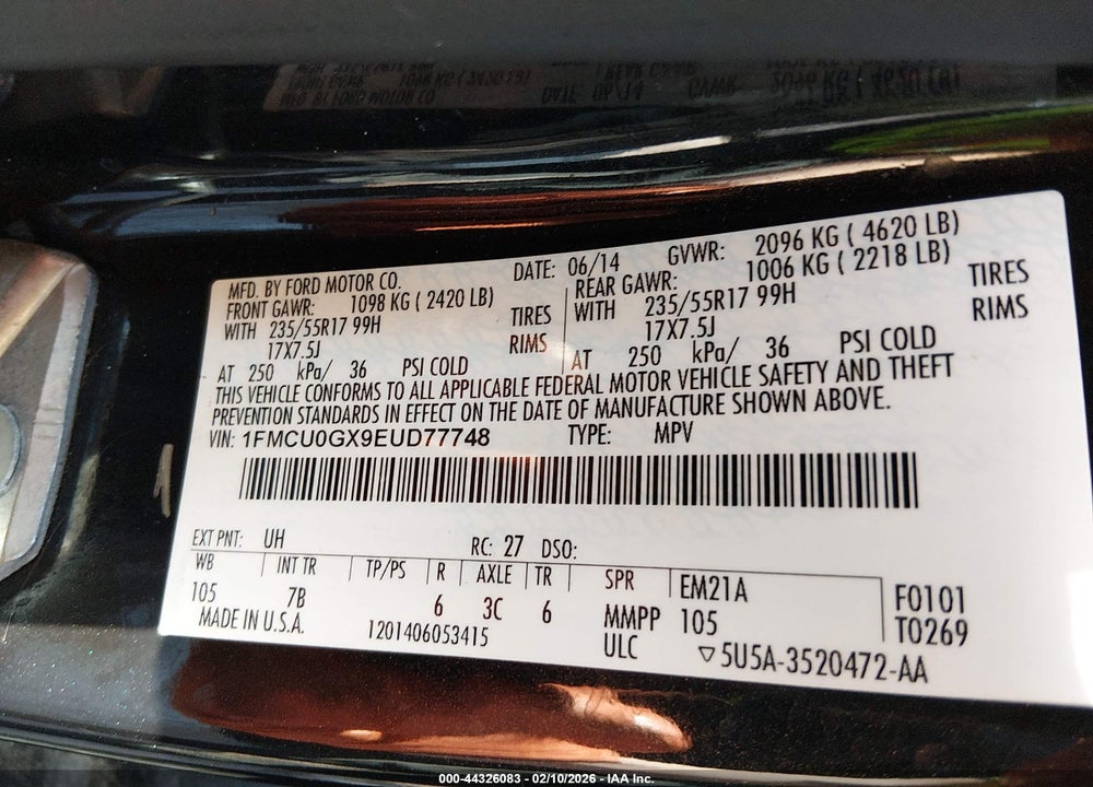 2014 FORD ESCAPE SE VIN: 1FMCU0GX9EUD77748