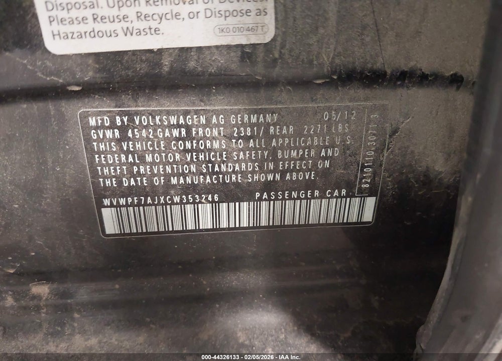 2012 VOLKSWAGEN GOLF R 4-DOOR VIN: WVWPF7AJXCW353246