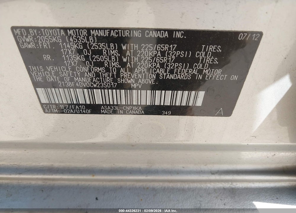 2012 TOYOTA RAV4 VIN: 2T3BF4DV0CW235017