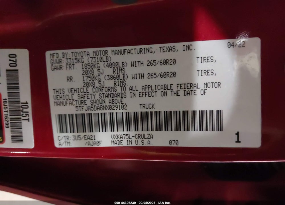2022 TOYOTA TUNDRA LIMITED VIN: 5TFJA5DA8NX029102