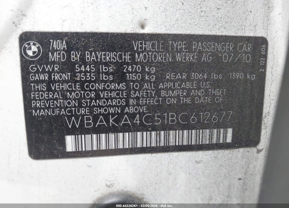 2011 BMW 740I VIN: WBAKA4C51BC612677