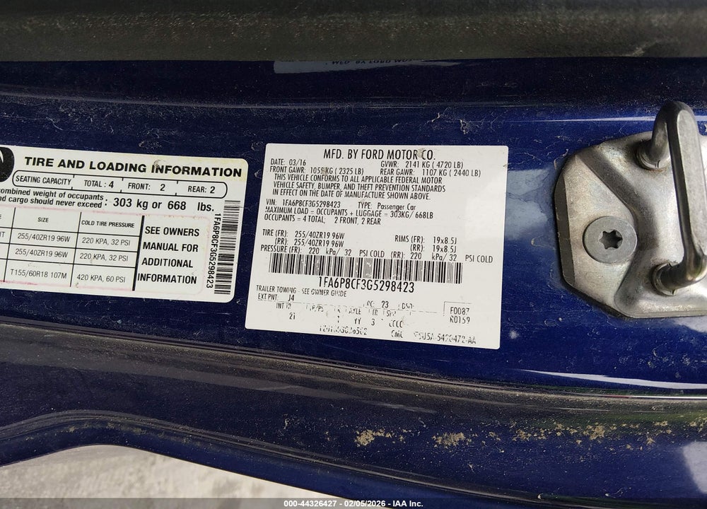 2016 FORD MUSTANG GT VIN: 1FA6P8CF3G5298423