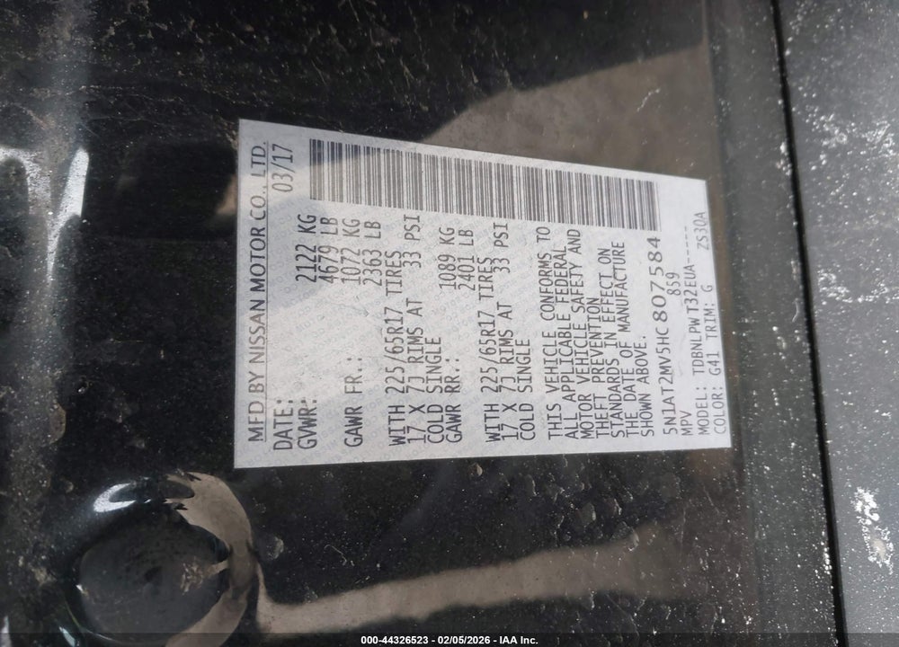 2017 NISSAN ROGUE S VIN: 5N1AT2MV5HC807584