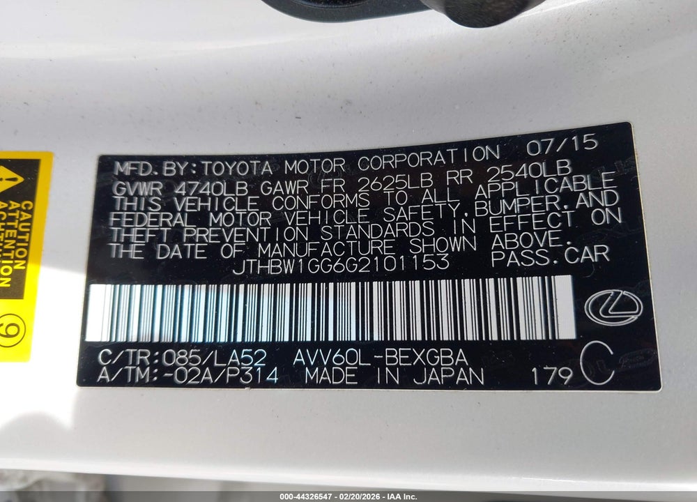2016 LEXUS ES 300H VIN: JTHBW1GG6G2101153
