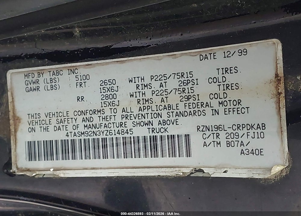 2000 TOYOTA TACOMA PRERUNNER VIN: 4TASM92N3YZ614845
