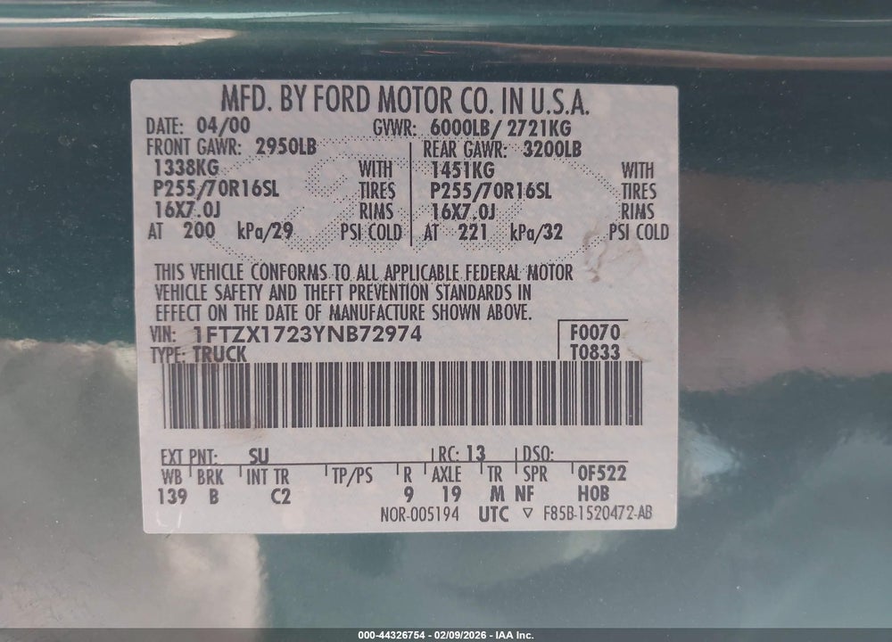 2000 FORD F-150 WORK SERIES/XL/XLT VIN: 1FTZX1723YNB72974