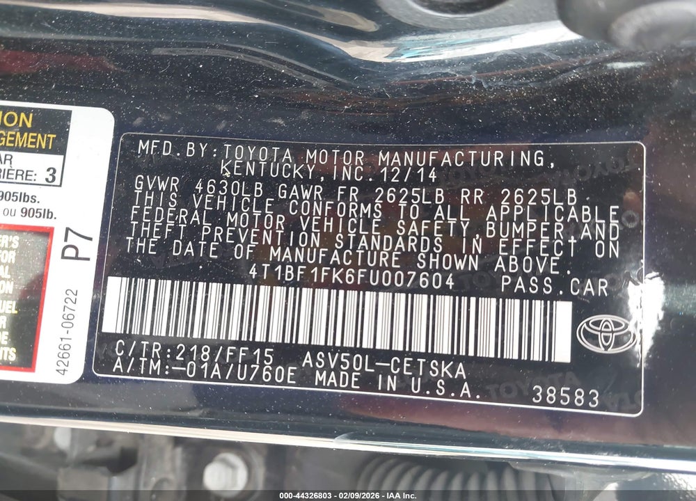 2015 TOYOTA CAMRY SE VIN: 4T1BF1FK6FU007604