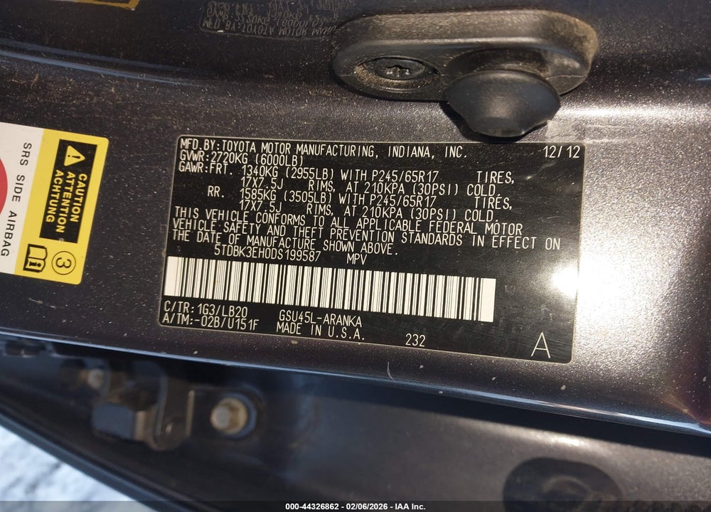 2013 TOYOTA HIGHLANDER SE V6 VIN: 5TDBK3EH0DS199587