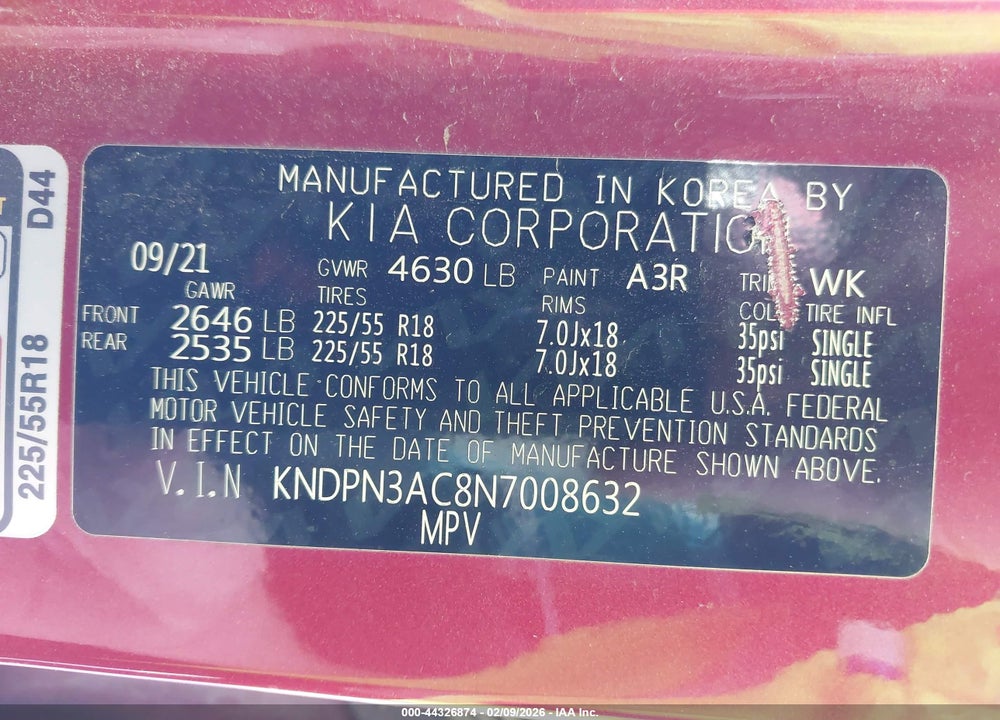 2022 KIA SPORTAGE EX VIN: KNDPN3AC8N7008632