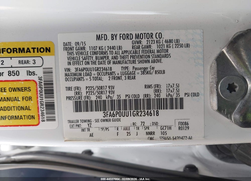 2016 FORD FUSION HYBRID S VIN: 3FA6P0UU1GR234618