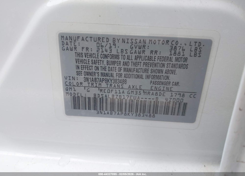 2019 NISSAN SENTRA S VIN: 3N1AB7AP8KY383488