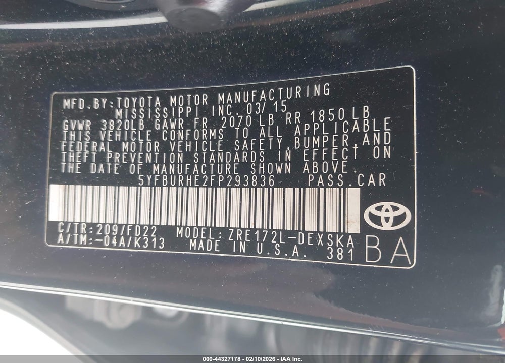 2015 TOYOTA COROLLA S PLUS VIN: 5YFBURHE2FP293836