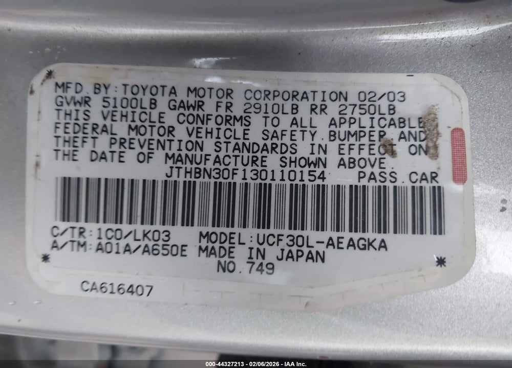 2003 LEXUS LS 430 VIN: JTHBN30F130110154