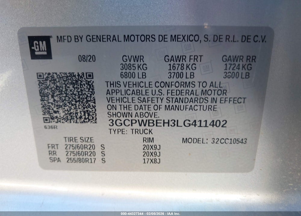 2020 CHEVROLET SILVERADO 1500 VIN: 3GCPWBEH3LG411402