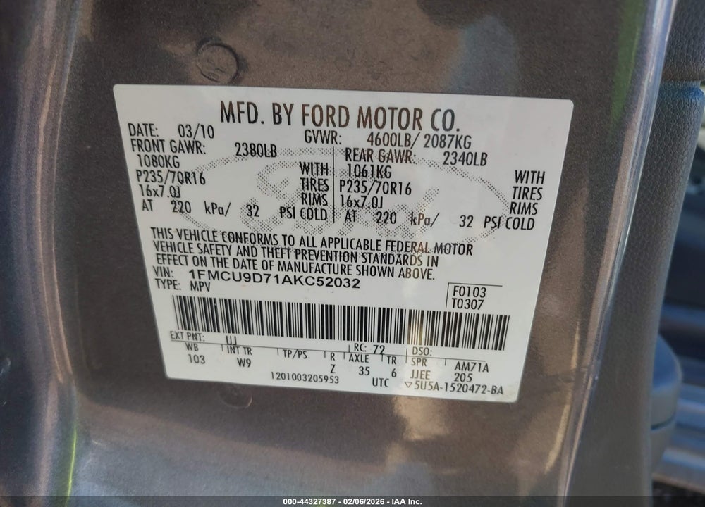2010 FORD ESCAPE XLT VIN: 1FMCU9D71AKC52032