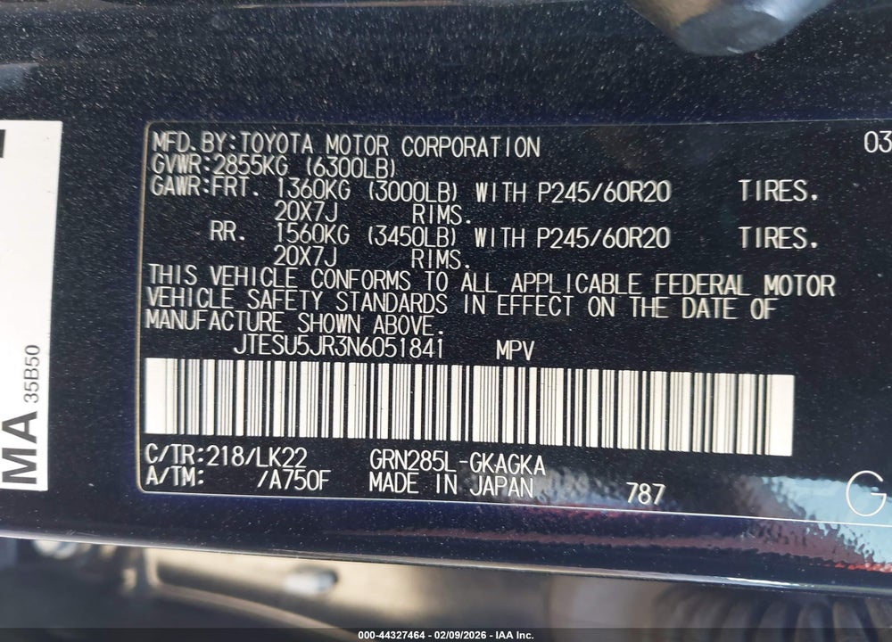 2022 TOYOTA 4RUNNER TRD SPORT VIN: JTESU5JR3N6051841