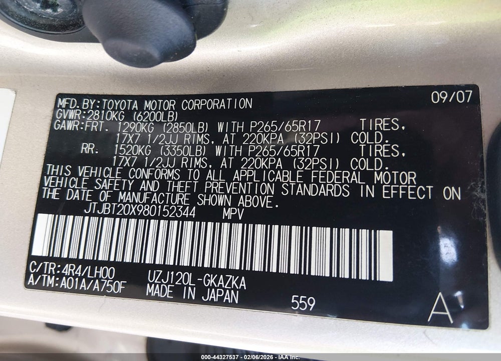 2008 LEXUS GX 470 VIN: JTJBT20X980152344