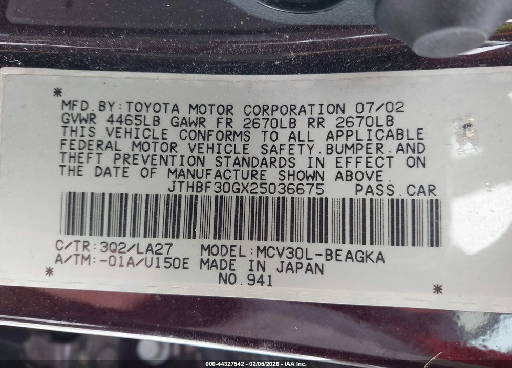 2002 LEXUS ES 300 VIN: JTHBF30GX25036675