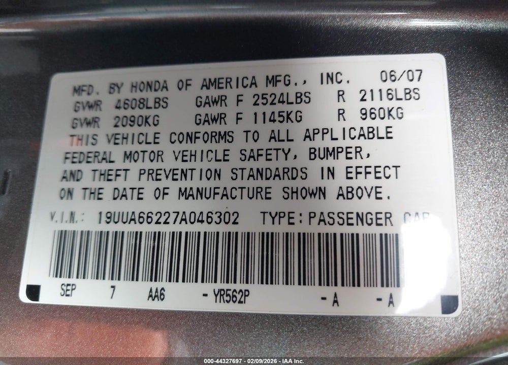 2007 ACURA TL 3.2 VIN: 19UUA66227A046302