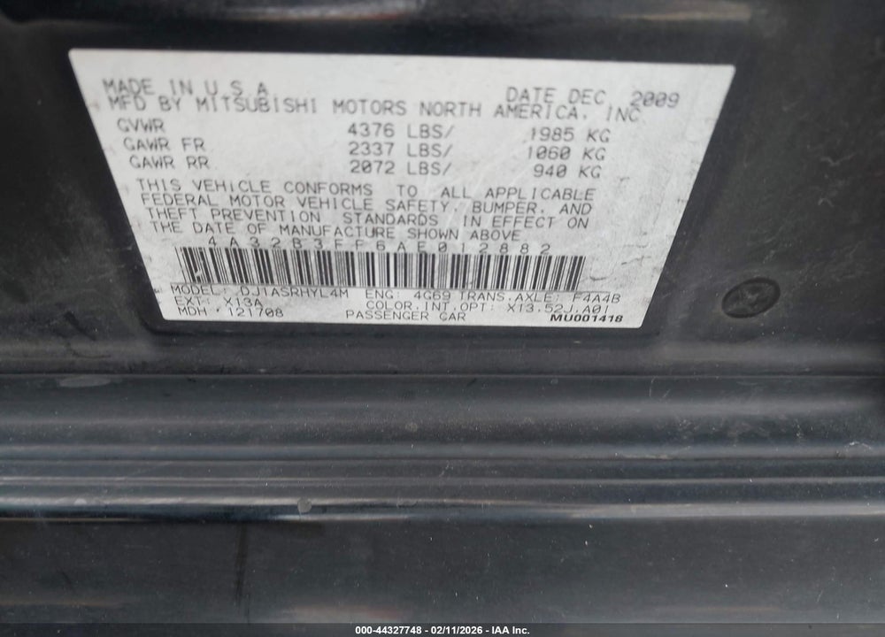 2010 MITSUBISHI GALANT ES/SE VIN: 4A32B3FF6AE012882