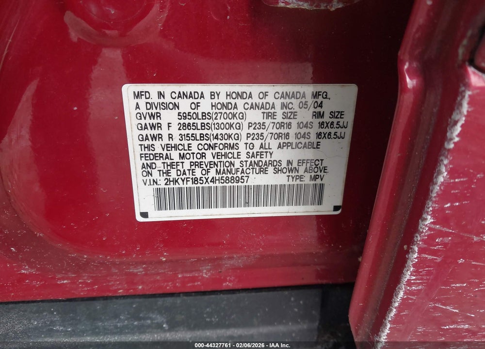 2004 HONDA PILOT EX-L VIN: 2HKYF185X4H588957