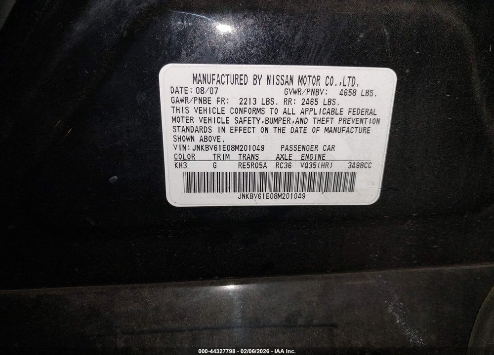 2008 INFINITI G35 JOURNEY VIN: JNKBV61E08M201049