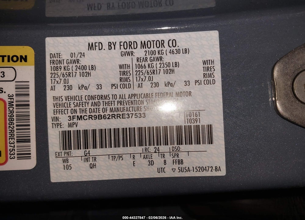2024 FORD BRONCO SPORT BIG BEND VIN: 3FMCR9B62RRE37533