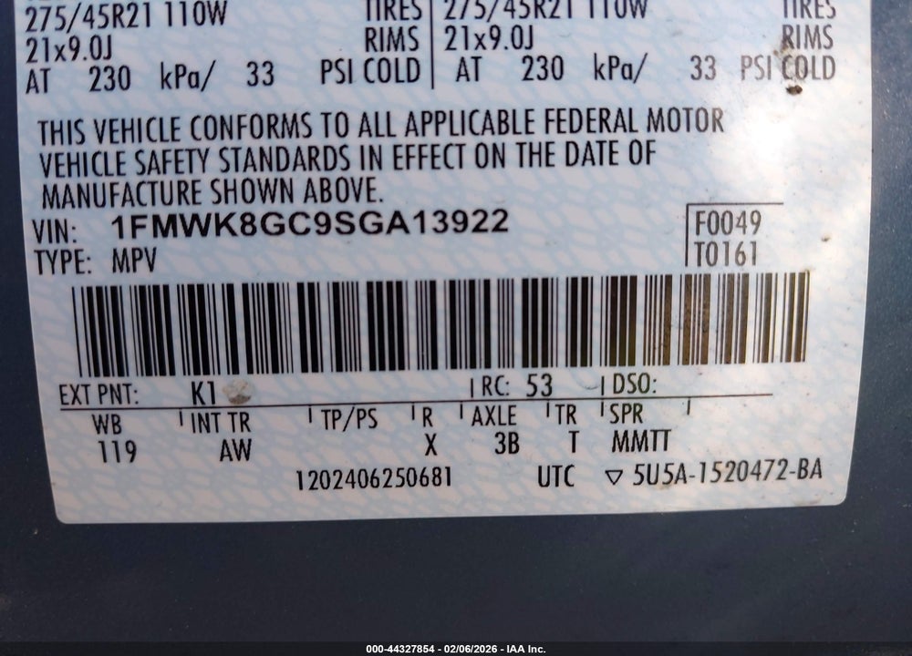 2025 FORD EXPLORER ST VIN: 1FMWK8GC9SGA13922