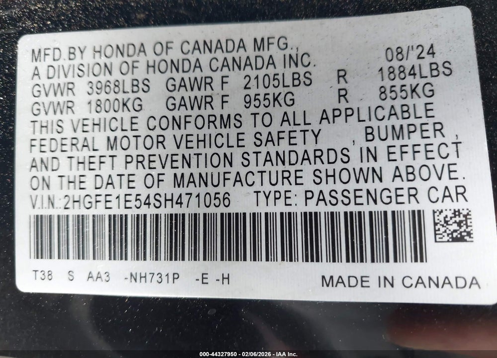 2025 HONDA CIVIC SI BASE W/HIGH PERFORMANCE SUMMER TIRES/ VIN: 2HGFE1E54SH471056