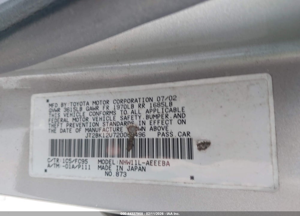2002 TOYOTA PRIUS VIN: JT2BK12U720069496
