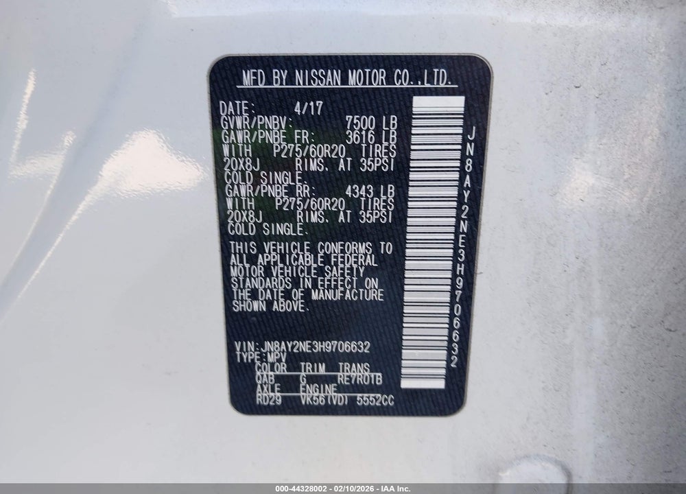 2017 NISSAN ARMADA PLATINUM VIN: JN8AY2NE3H9706632