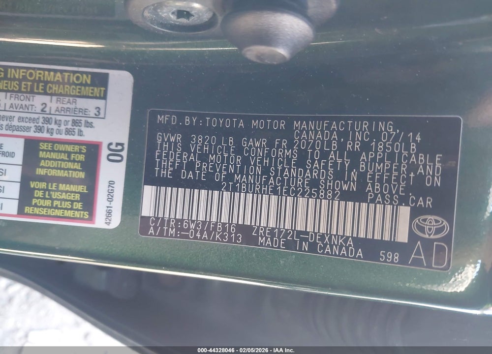 2014 TOYOTA COROLLA LE VIN: 2T1BURHE1EC225882